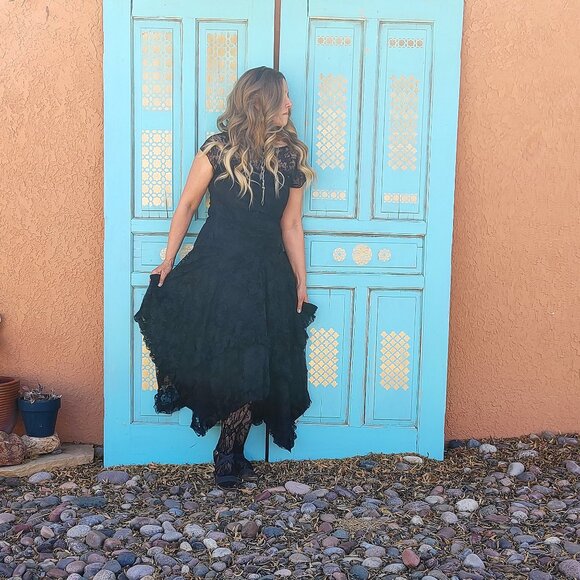 Vintage 80s-90s Black Lace Dress Fredericks Hollywood Handkerchief Goth Prom L - Picture 9 of 17